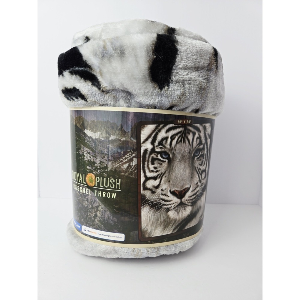NEW American Heritage Collection White Tiger Royal Plush Raschel Throw‎ 50"x60"